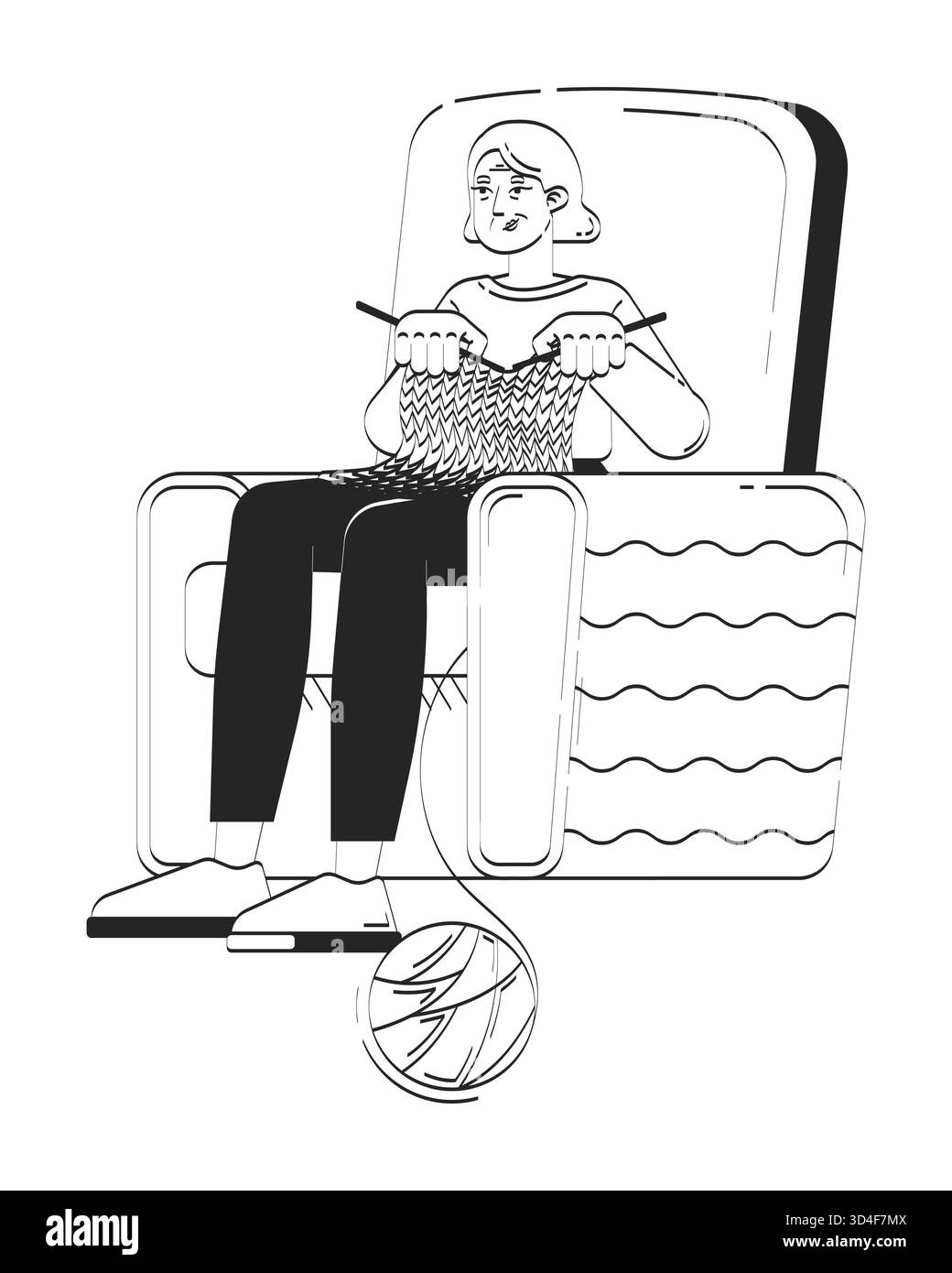 Donna anziana che si rilassa e lavora a maglia in una poltrona dal carattere lineare Illustrazione Vettoriale