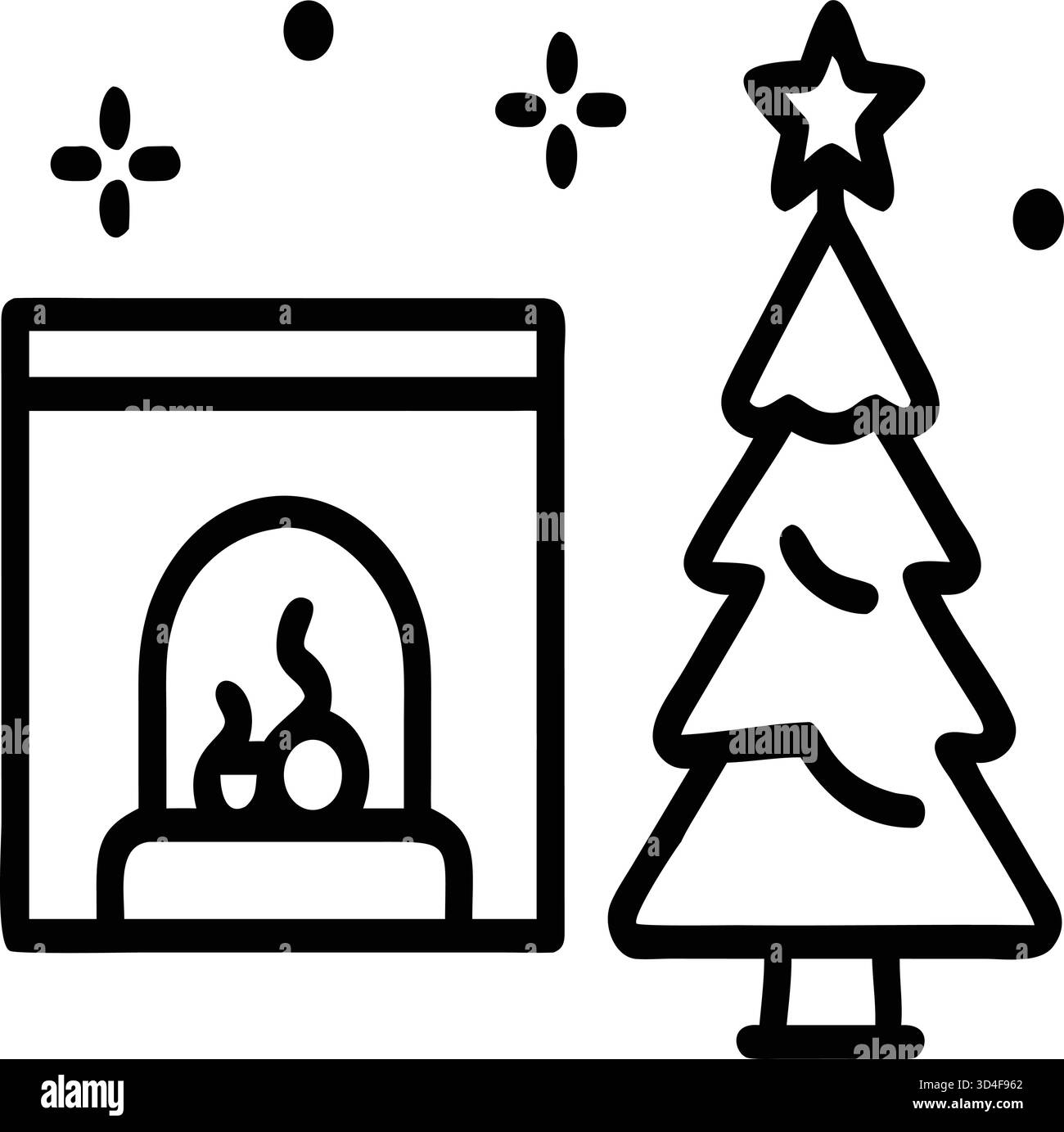 Magico soggiorno natalizio con luci accese, albero decorato, caminetto, calze, vista sulla neve, accogliente scenario natalizio Illustrazione Vettoriale