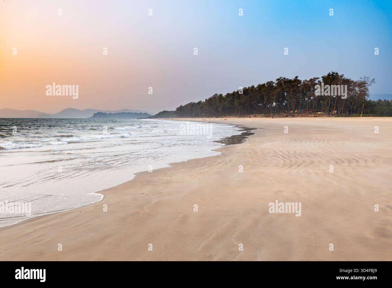 Spiaggia di Galgibaga al tramonto. Galgibaga o Galgibagh Beach - una spiaggia pubblica si trova a South Goa, in India, vicino al mare di Palolem. Foto Stock