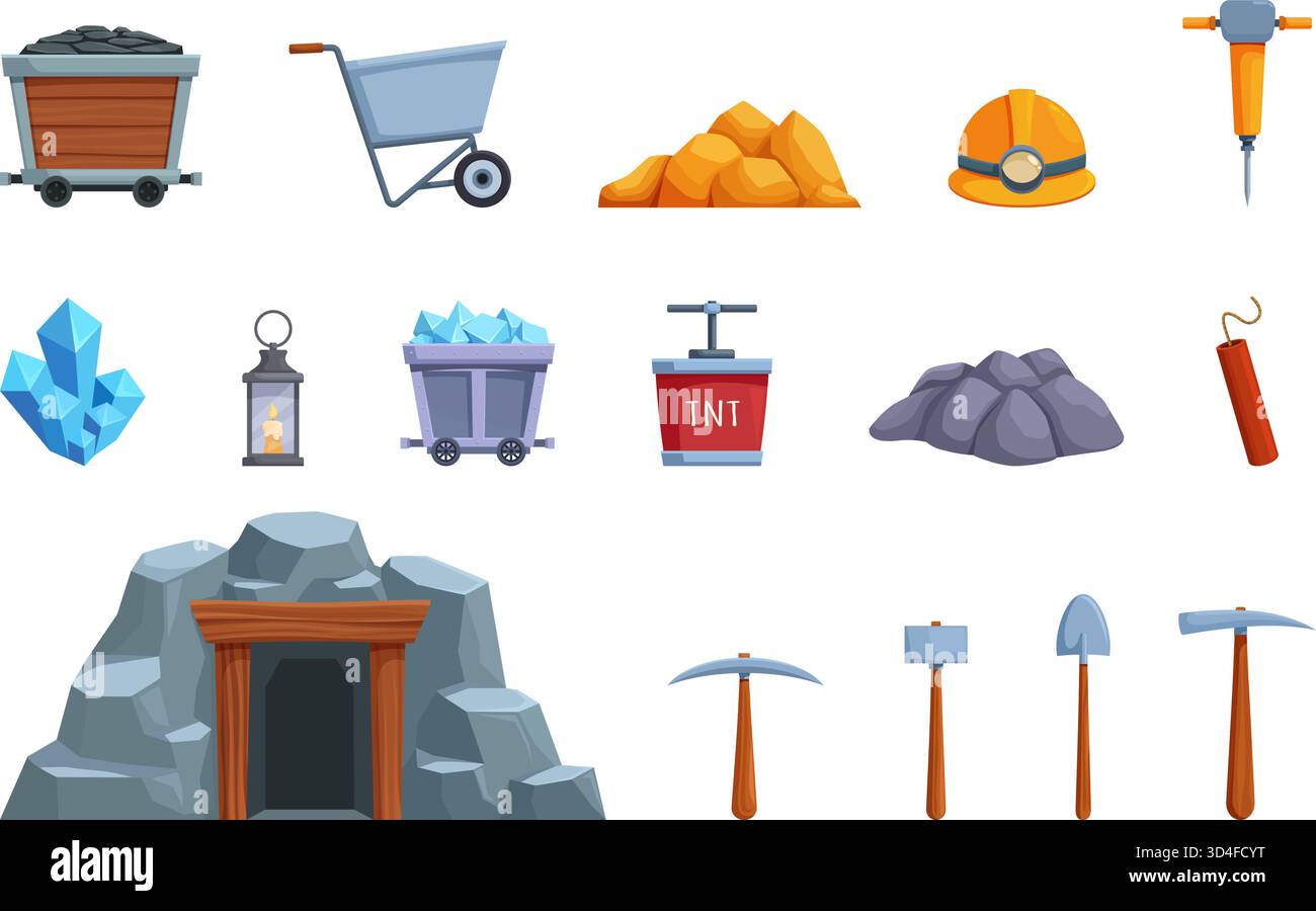 Strumenti per minatori. Casco con pala a martello a cartoni isolata leggera, dinamite, gemme. Attrezzatura da miniera, ingresso nelle grotte in montagna, carretto con carbone sapid vettore c Illustrazione Vettoriale