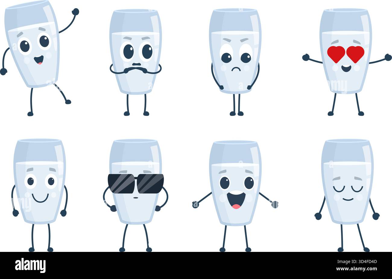 Bicchiere di latte. Divertenti varie emozioni bevanda casearia, yogurt, kefir. Pose di attività, felice arrabbiato seriamente e innamorato, sapid Vector clipart o Illustrazione Vettoriale