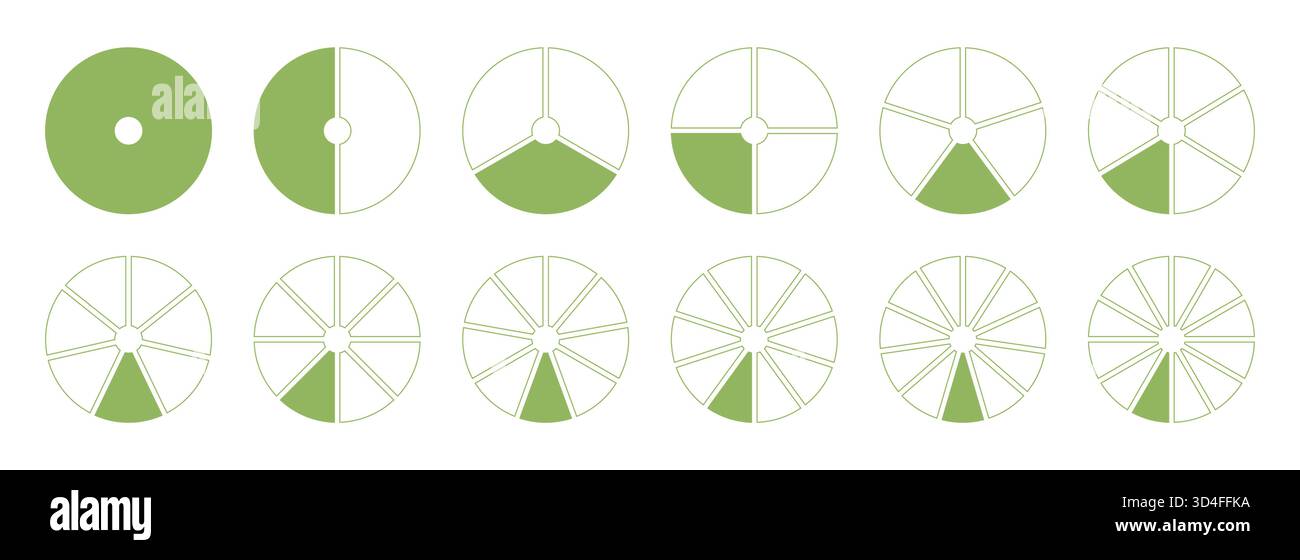 Diagrammi circolari divisi su da 1 a 12 parti uguali. Infografica sui segmenti della ruota verde rotonda. Set di modelli vuoti di coaching. Grafico a torta, forma di pizza Illustrazione Vettoriale