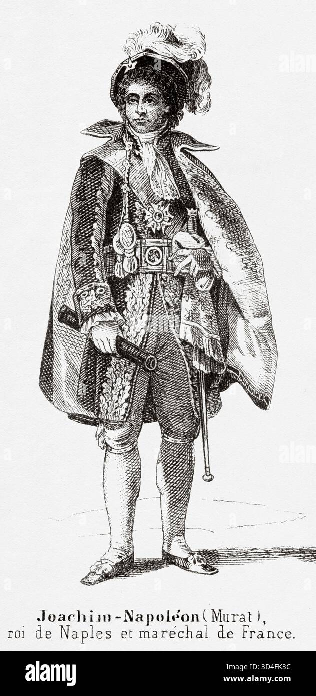 Ritratto di Joachim Murat (1767-815) fu un ufficiale e statista dell'esercito francese che prestò servizio durante le guerre rivoluzionarie francesi e napoleoniche. Antica illustrazione di Emile Simon (1805-1886) dall'Atlante storico e pittoresco, storia universale 1861 Foto Stock