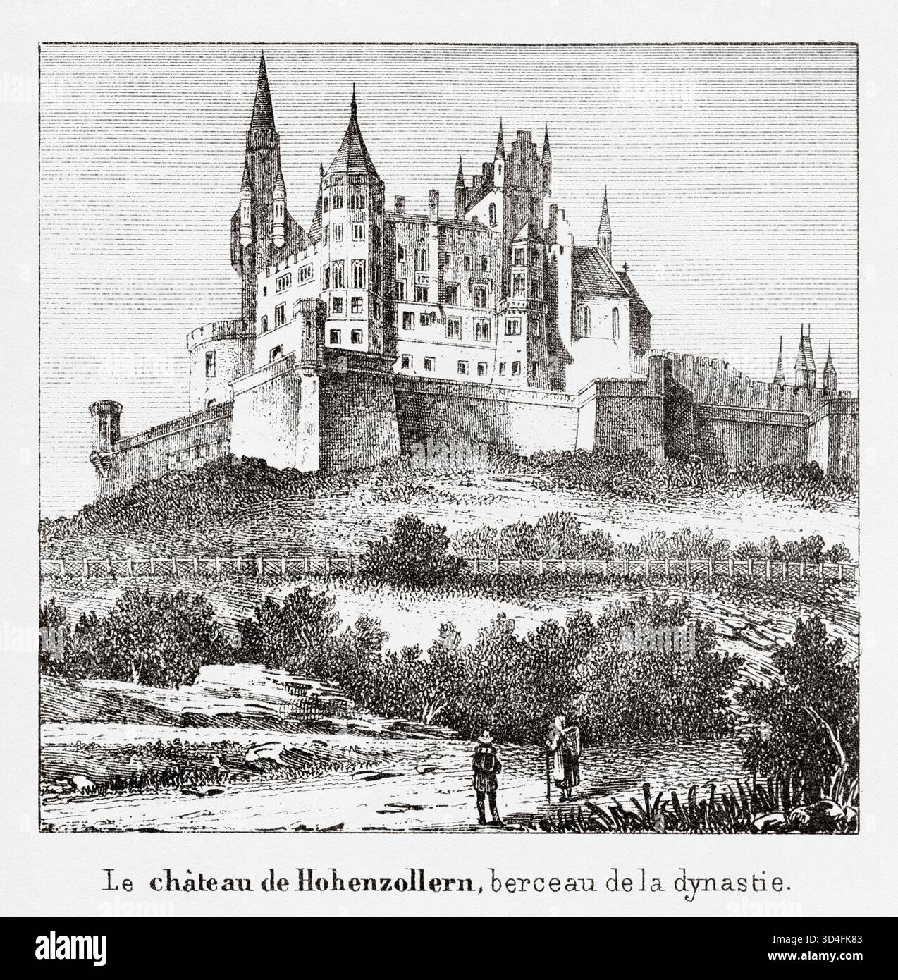 Il castello di Hohenzollern è la sede ancestrale della Casa imperiale di Hohenzollern, situata in cima al monte Hohenzollern, nel Giura svevo del Baden-Württemberg centrale, in Germania. Antica illustrazione di Emile Simon (1805-1886) dall'Atlante storico e pittoresco, storia universale 1861 Foto Stock