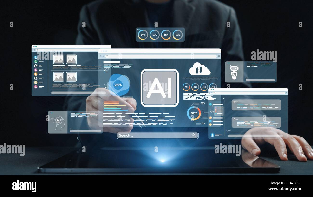 Esplorate l'interazione tra intelligenza artificiale e visualizzazione dei dati in uno spazio di lavoro moderno. La scena raffigura un miglioramento tecnologico Foto Stock