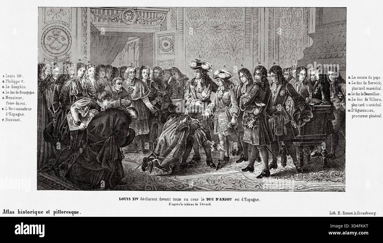 Luigi XIV dichiarò suo nipote, il duca d'Angiò, come Filippo V, re di Spagna nel 1701, in Francia. Antica illustrazione di Emile Simon (1805-1886) dall'Atlante storico e pittoresco, storia universale 1861 Foto Stock