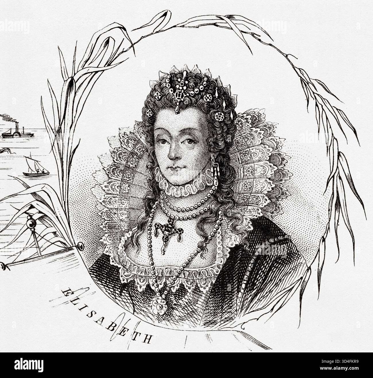 Ritratto di Elisabetta i (1533-1603) fu regina d'Inghilterra e d'Irlanda dal 17 novembre 1558 fino alla sua morte nel 1603. Fu l'ultimo e più lungo monarca regnante della Casa dei Tudor. Antica illustrazione di Emile Simon (1805-1886) dall'Atlante storico e pittoresco, storia universale 1861 Foto Stock