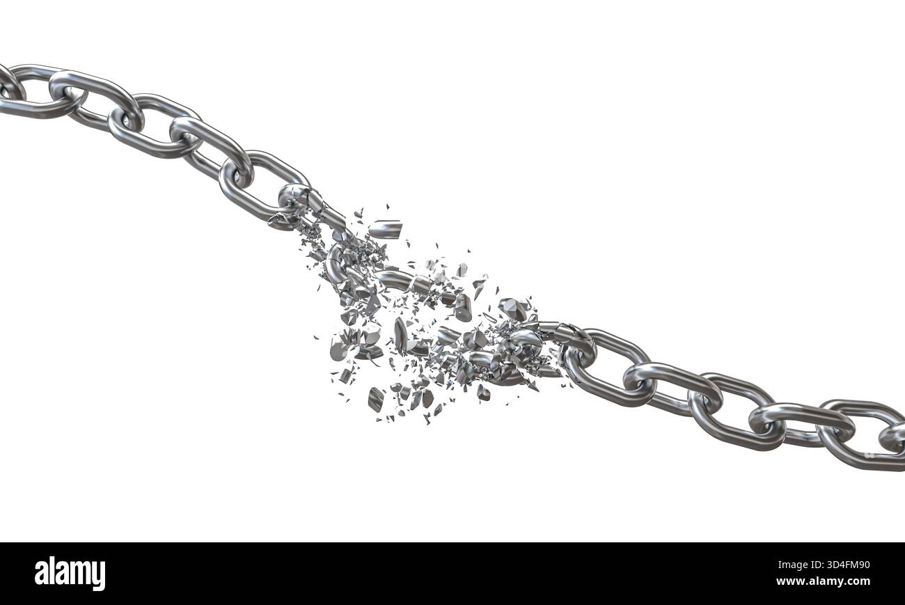 Rottura della catena metallica 3d isolata Foto Stock