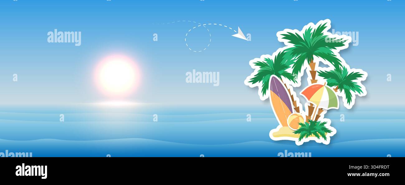 Uno sfondo estivo con un mare o un oceano blu e un'isola astratta con palme. Sfondo estivo con mare e palme per il tuo design. Illustrazione Vettoriale