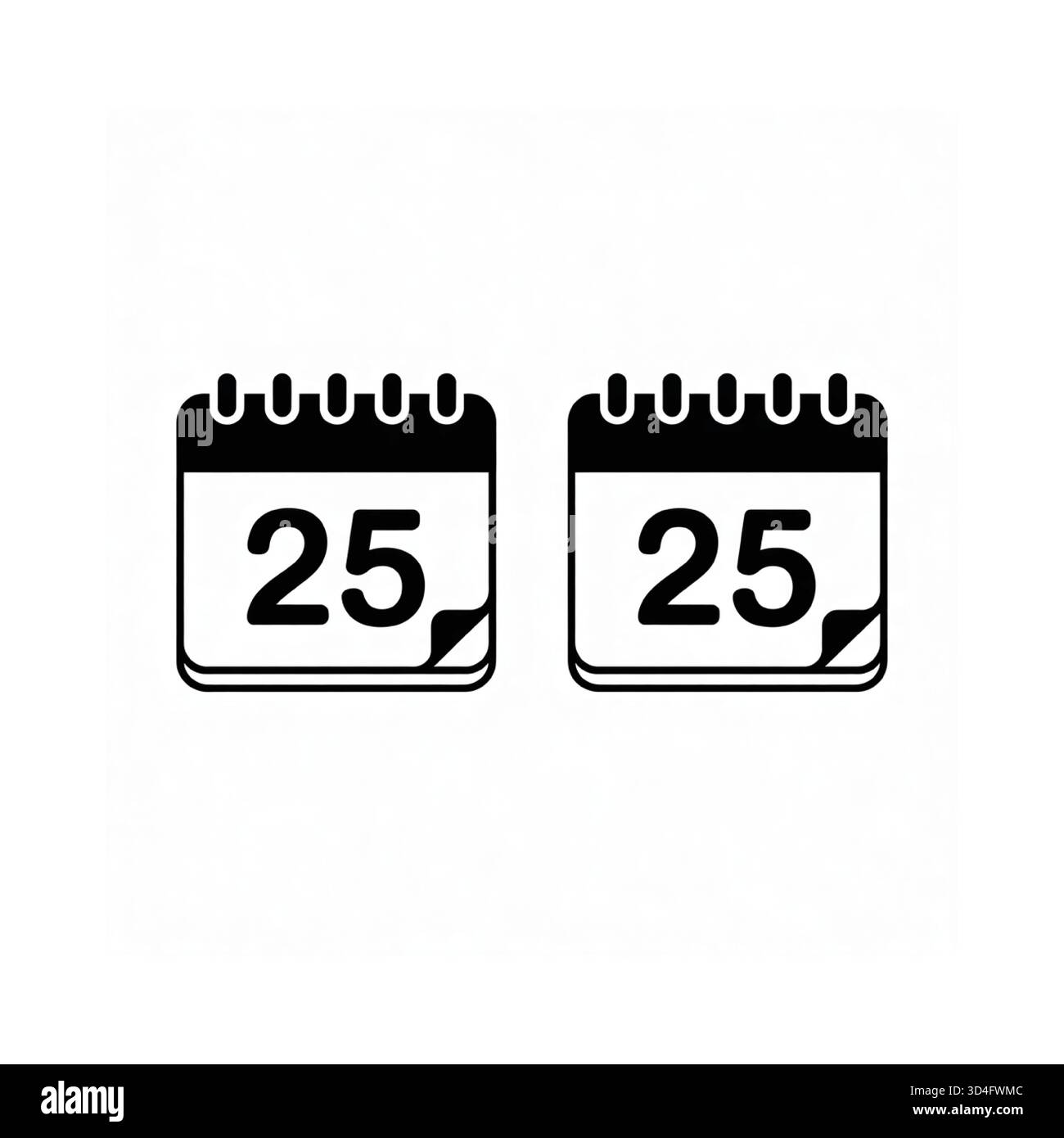 Una grafica minimalista in bianco e nero con due icone del calendario identiche, ciascuna con il numero 25. Illustrazione Vettoriale
