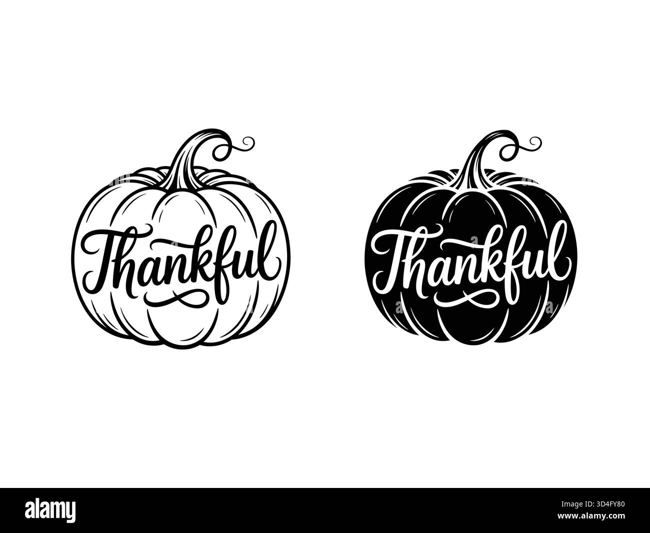 Due zucche disegnate a mano con la parola riconoscente scritta su di loro Illustrazione Vettoriale