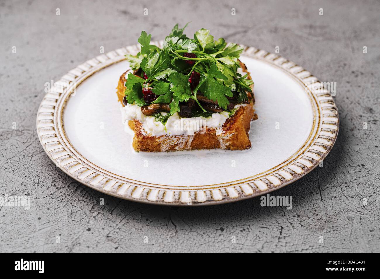 Cibo, delizioso sandwich a vista con funghi ed erbe fresche su un piatto vintage Foto Stock