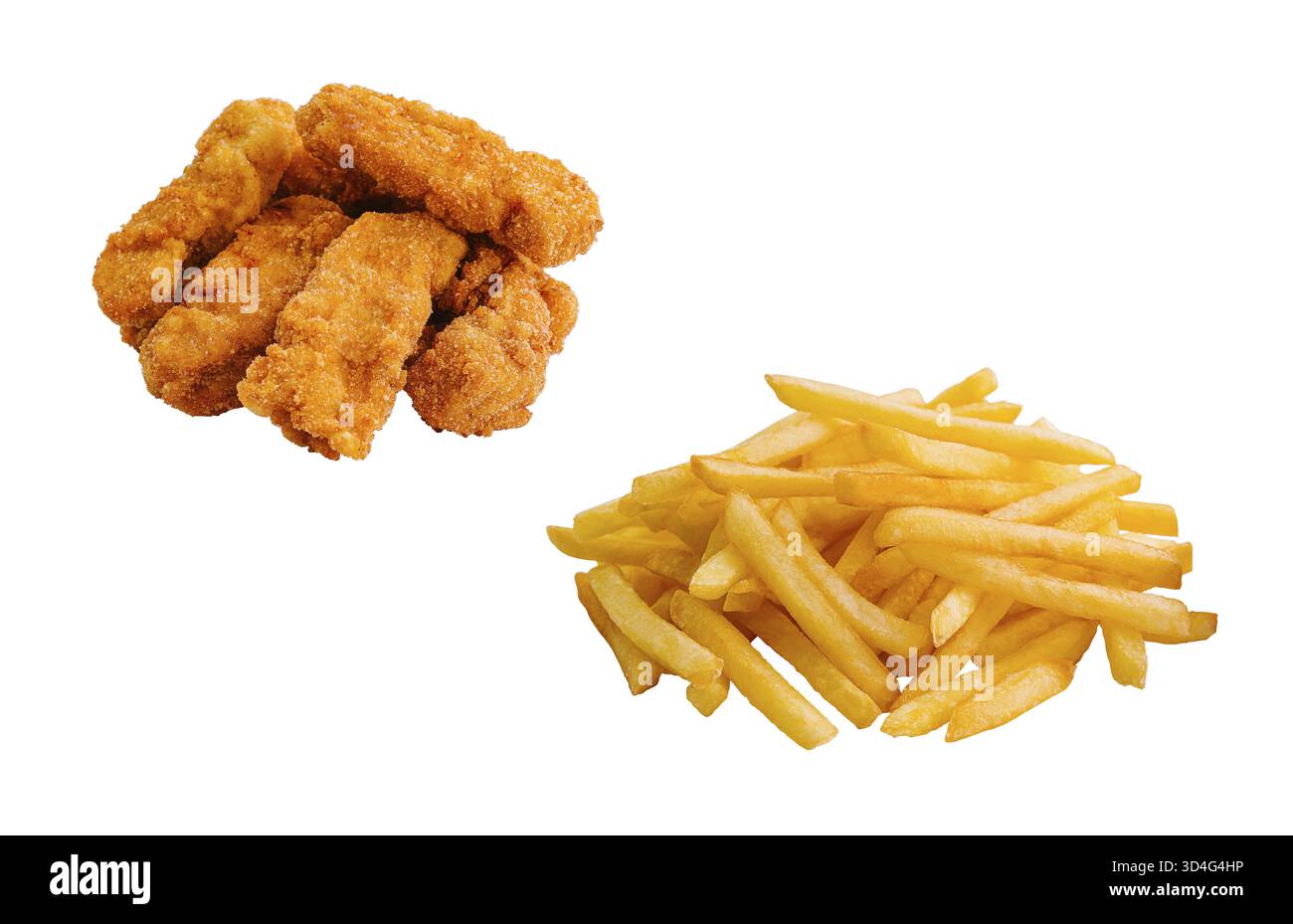 Cibo, patatine fritte e pepite di pollo isolate Foto Stock