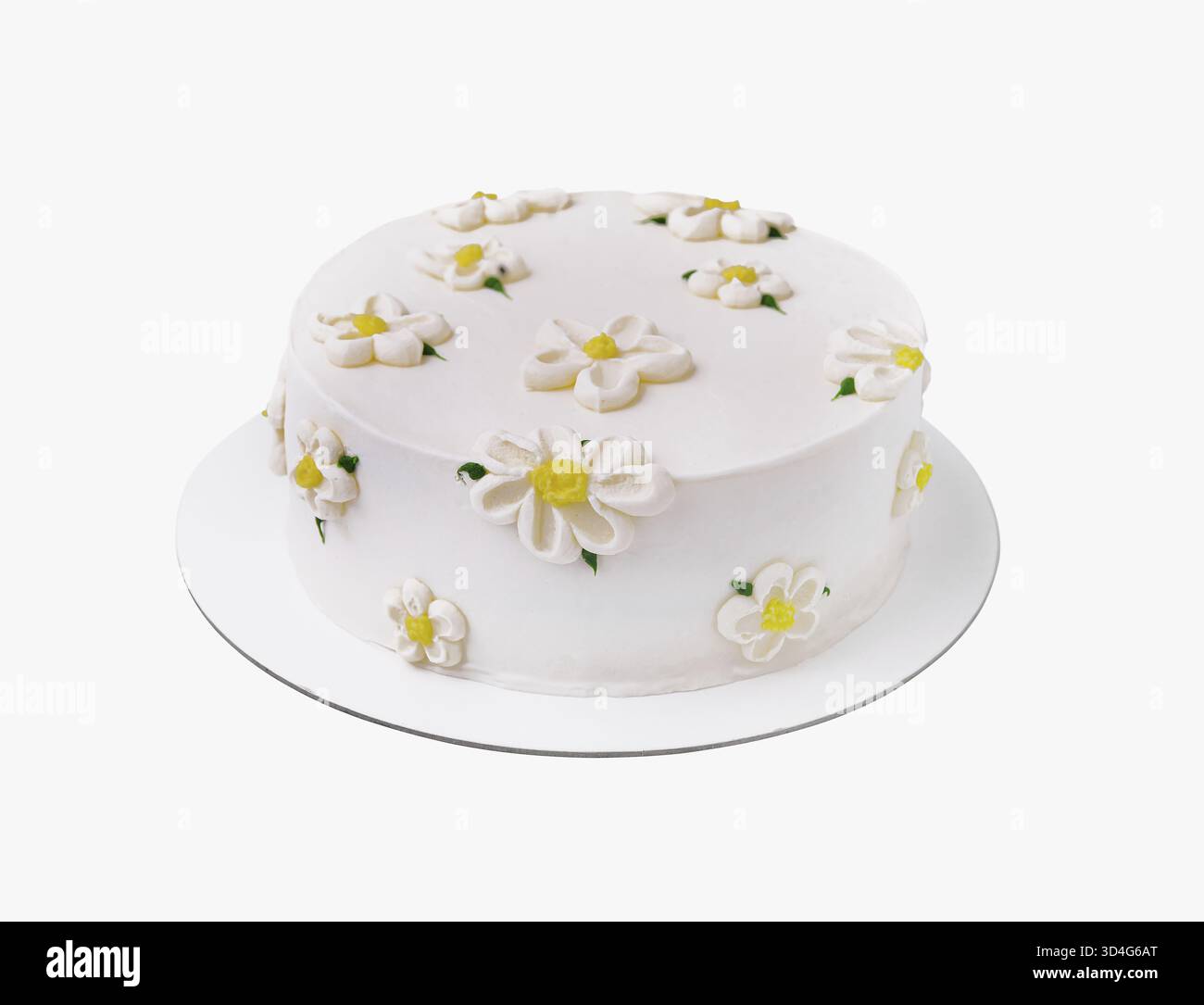 Cibo, squisita ed elegante torta bianca a margherita con fondenti fiori di zucchero fatti a mano. Perfetto per un compleanno o un matrimonio. Un delizioso gourmet Foto Stock