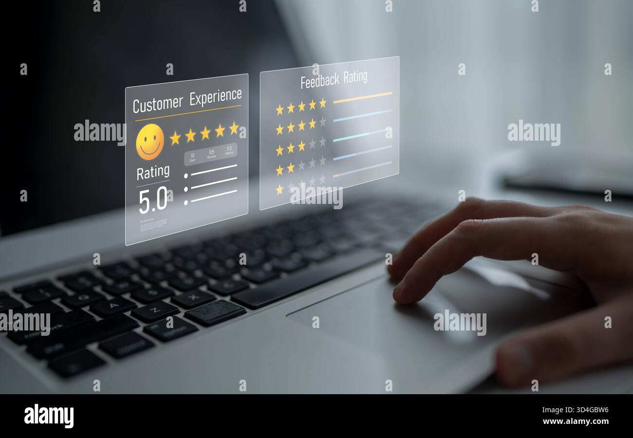 Analisi del feedback e delle recensioni dei clienti per migliorare la soddisfazione, monitorare le valutazioni ed estrarre informazioni dalle esperienze e dai sentimenti degli utenti. Garanzia Foto Stock