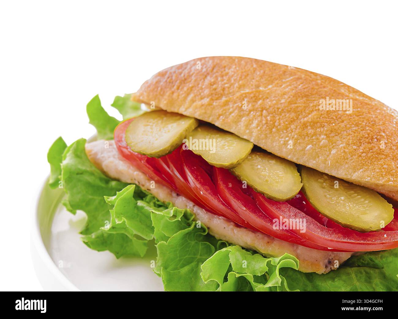 Cibo, sandwich con cotoletta, pomodori e cetrioli sottaceto Foto Stock