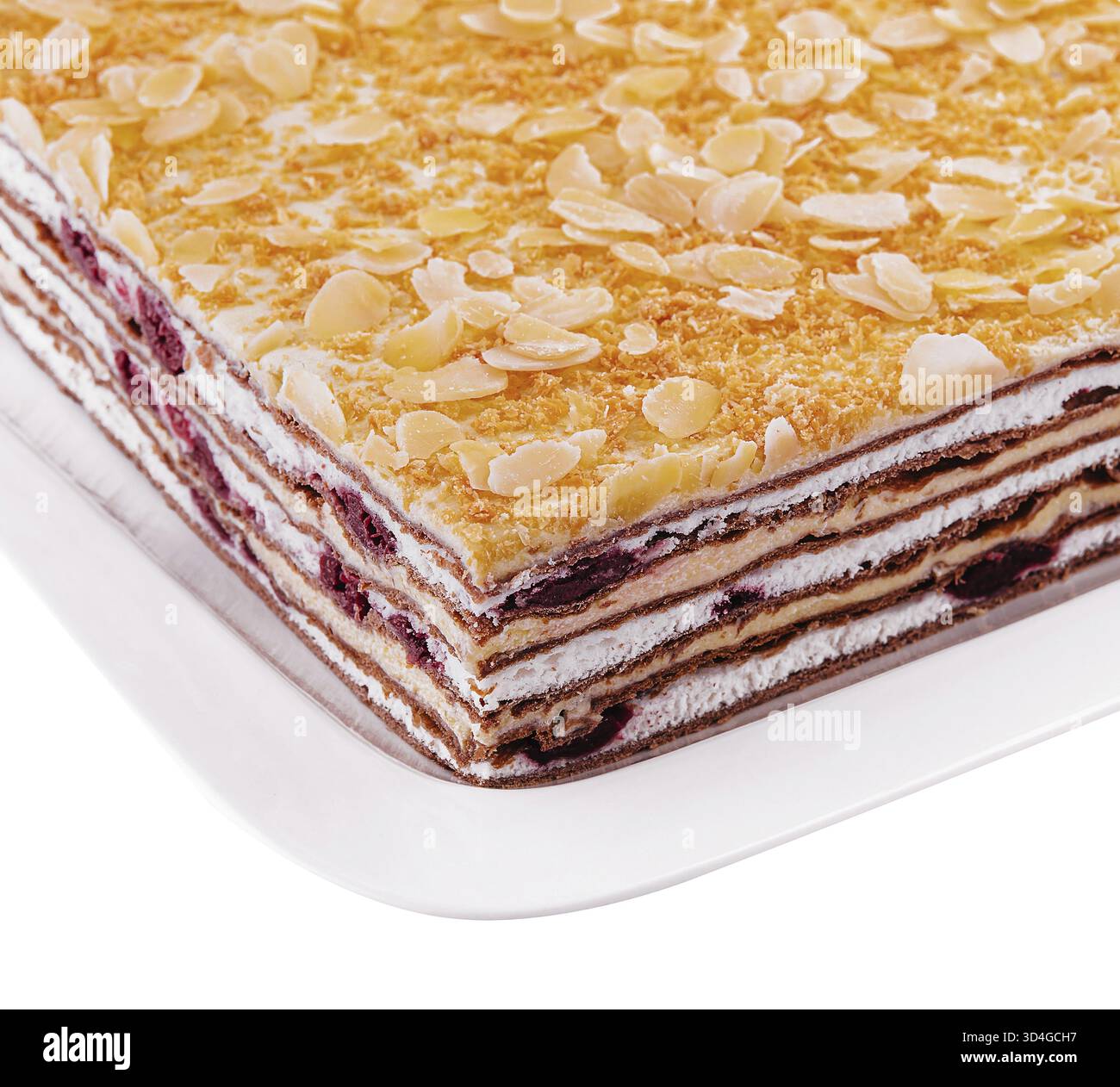Cibo, deliziosa torta di spugne di cacao multistrato con mandorle Foto Stock