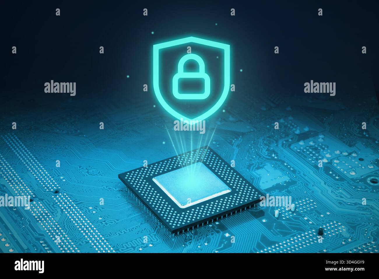 Chip di processore futuristico con lucchetto di sicurezza luminoso sopra la scheda madre, che rappresenta protezione informatica, sicurezza digitale, crittografia e modernità Foto Stock