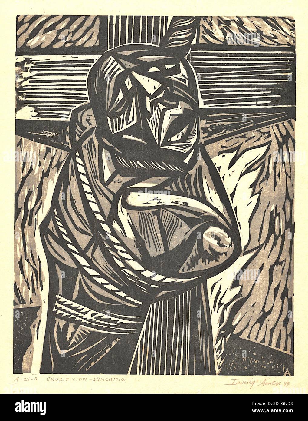 Irving Amen - Crocifissione-linciaggio (1949) - Una potente stampa su legno che disegna parallelismi tra la crocifissione di Gesù Cristo e la pratica storica del linciaggio negli Stati Uniti. Foto Stock
