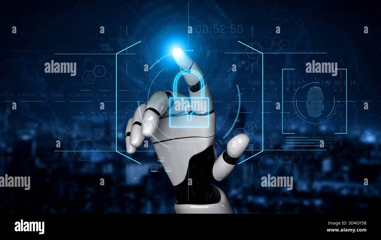 Sistema di blocco basato SULL'INTELLIGENZA ARTIFICIALE che mostra sicurezza informatica avanzata, verifica dell'identità e analisi della protezione dei dati per ambienti digitali sicuri Marrow Foto Stock
