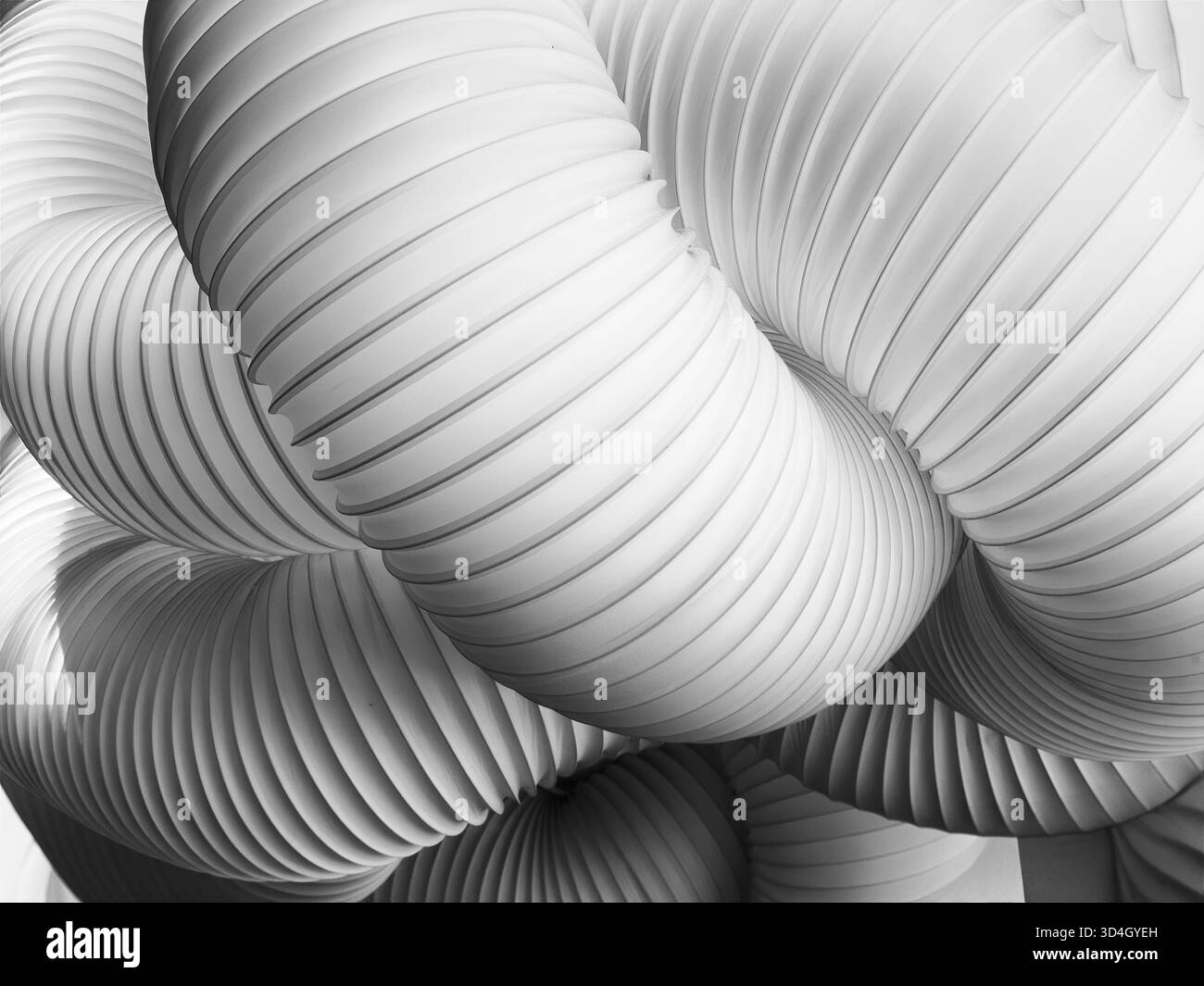 Sculture monocromatiche a coste che formano curve e bobine intrecciate. La luce soffusa crea sfumature uniformi e ombre profonde. Foto Stock