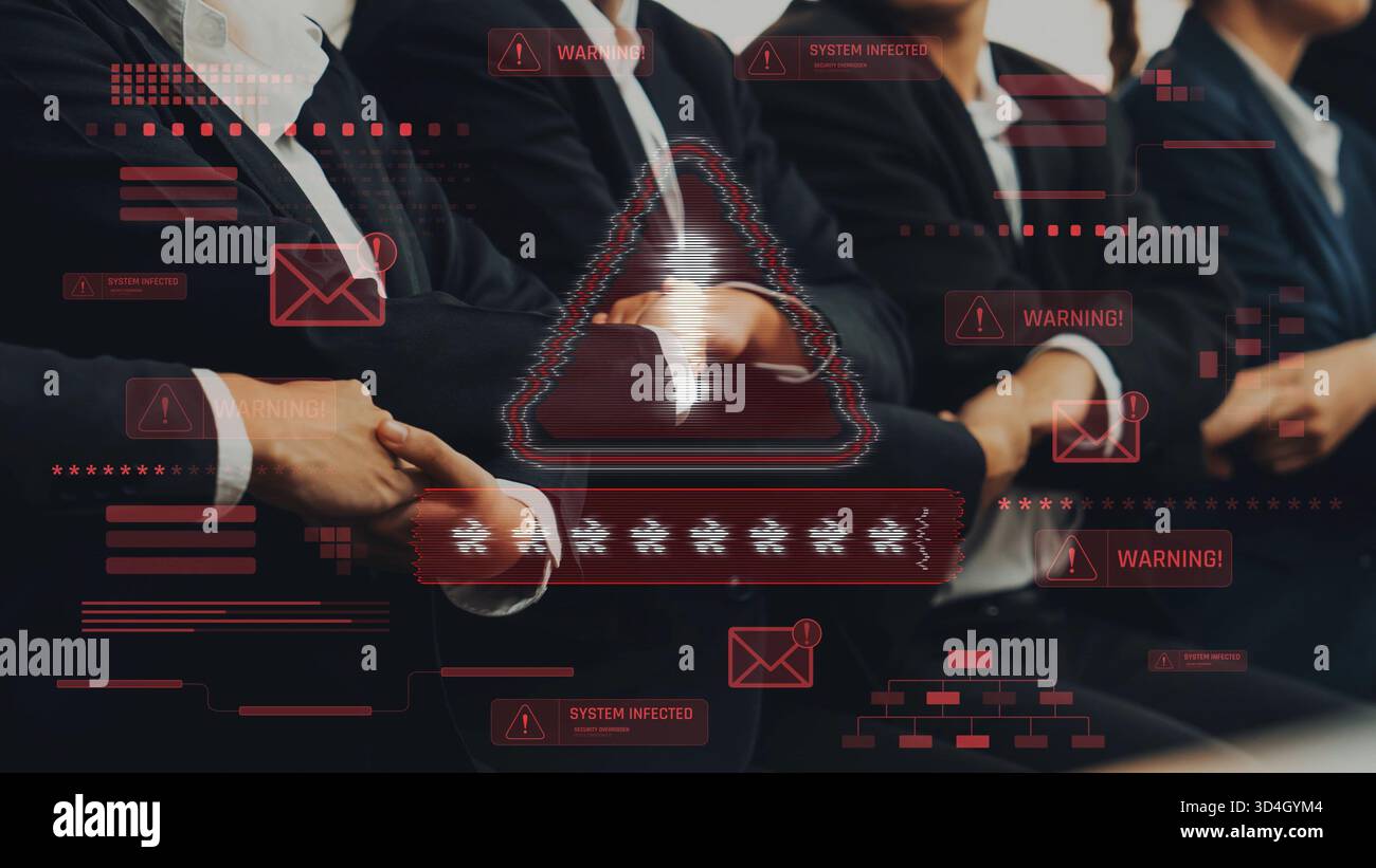 Questa immagine cattura un incontro di lavoro incentrato sulle minacce alla sicurezza informatica, con professionisti in tuta con sovrapposizione grafica di avviso, sottolineando l'importanza Foto Stock