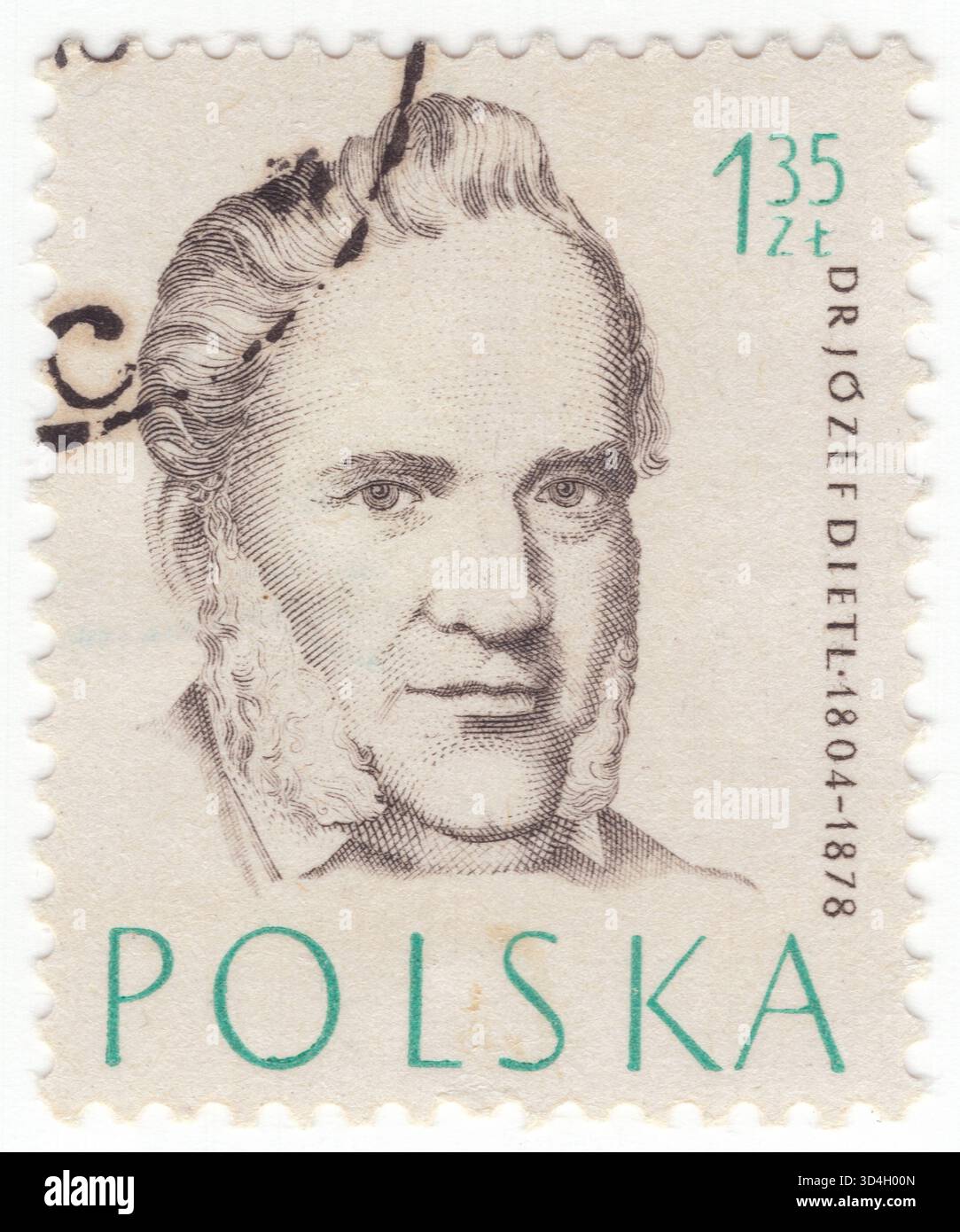 POLONIA — 1957 aprile 27: Francobollo grigio-marrone e verde di 1,35 zloty raffigurante il ritratto del dottor Jozef Dietl. Józef Dietl era un medico austro-polacco nato da padre austriaco e madre polacca. Studiò medicina a Leopoli e Vienna. Fu un pioniere della balneologia e professore dell'Università Jagellonica, eletto come rettore nel 1861. Dietl ha descritto il disturbo renale noto come "crisi di Dietl" e il suo trattamento. È rinomato in tutto il mondo per essere un "riformatore della medicina", poiché ha dimostrato attraverso esperimenti che il salasso era inutile se non pericoloso Foto Stock