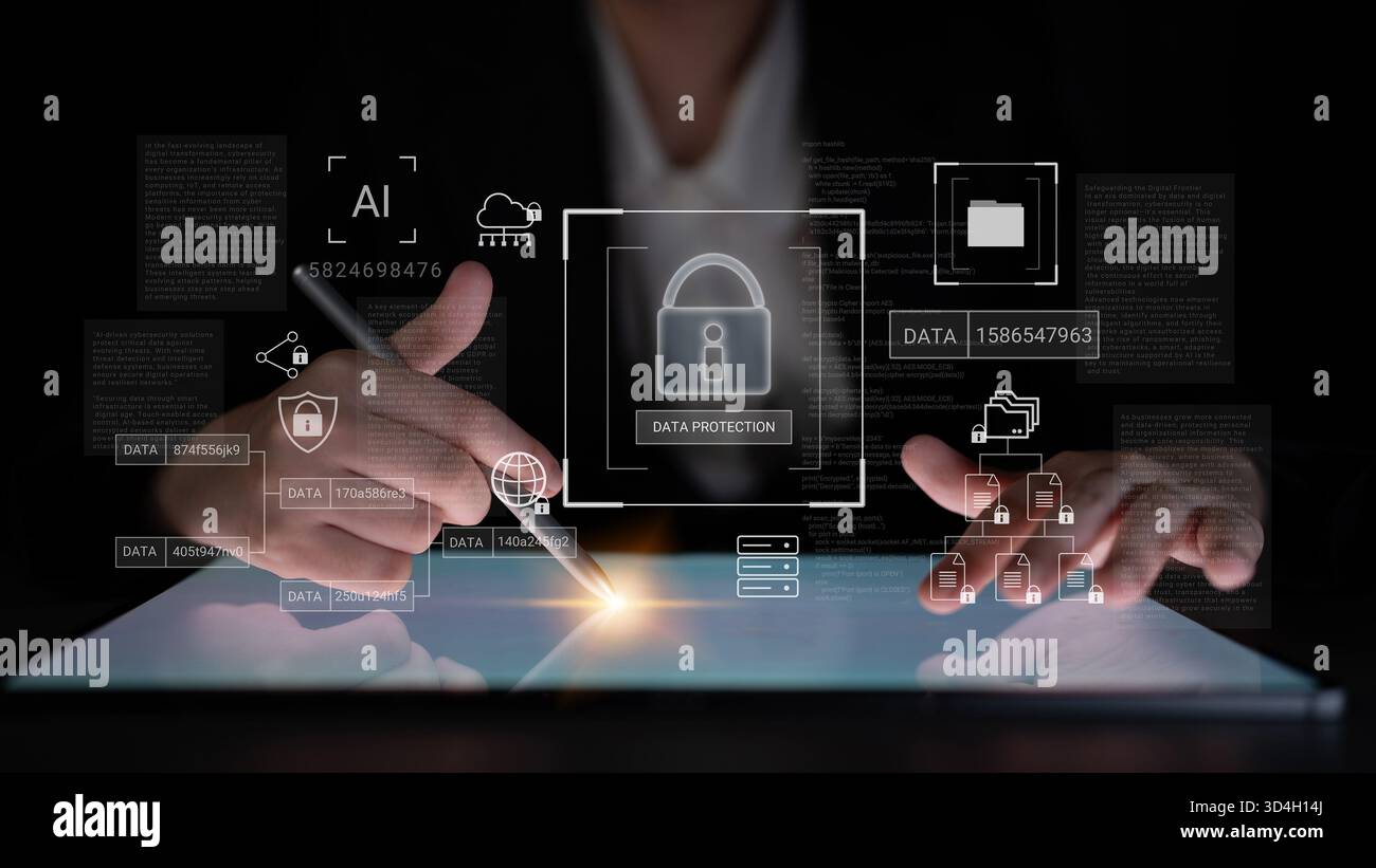 Lucchetto digitale circondato da diagrammi di sicurezza dei dati che rappresentano crittografia, protezione della rete e analisi sicura della gestione delle informazioni Foto Stock