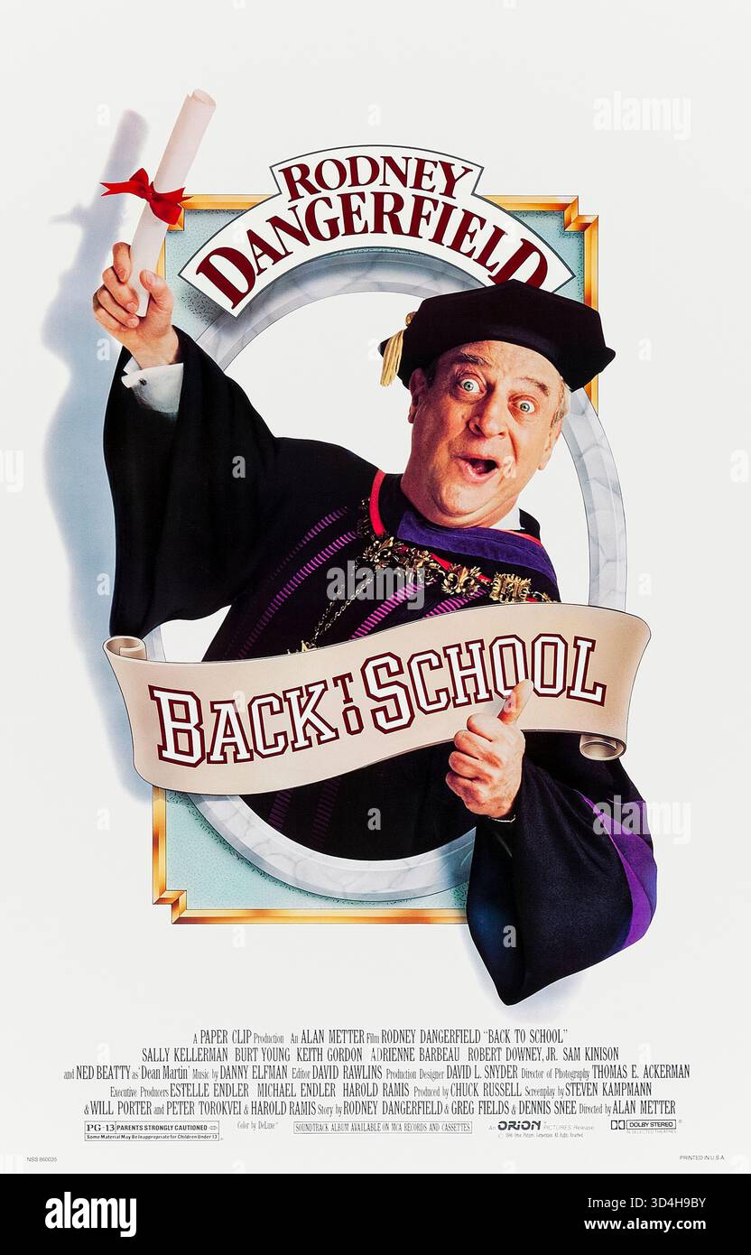 Back to School (1986) diretto da Alan Metter e interpretato da Rodney Dangerfield, Sally Kellerman e Burt Young. Un ricco uomo d'affari si iscrive al college per motivare suo figlio disgraziato, causando il caos comico nel campus. Fotografia di un poster originale del 1986 USA a un foglio SOLO PER USO EDITORIALE. Crediti: Immagini BFA / Orion Foto Stock