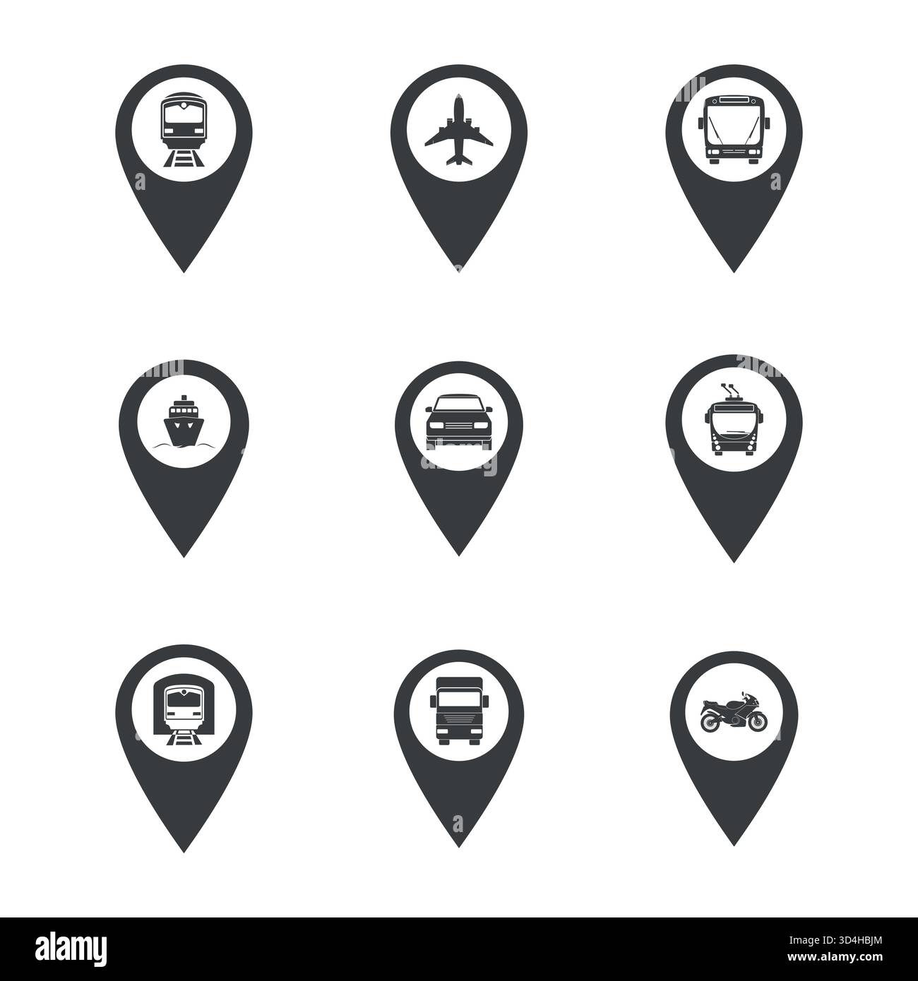 Set icone pin mappa trasporto. Marcatori di posizione Vector Black con auto, autobus, treno, metropolitana, aereo, simboli della nave. Icone Minimum Transportation GPS (GPS trasporto minimo) per Illustrazione Vettoriale