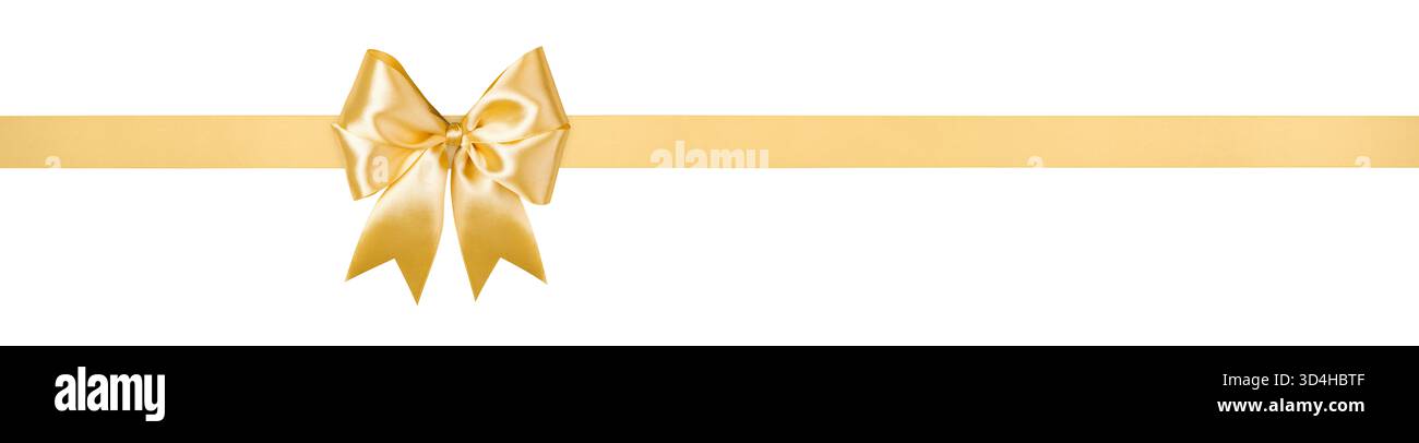 Arco e nastro dorati isolati su sfondo bianco, percorso di ritaglio incluso Foto Stock