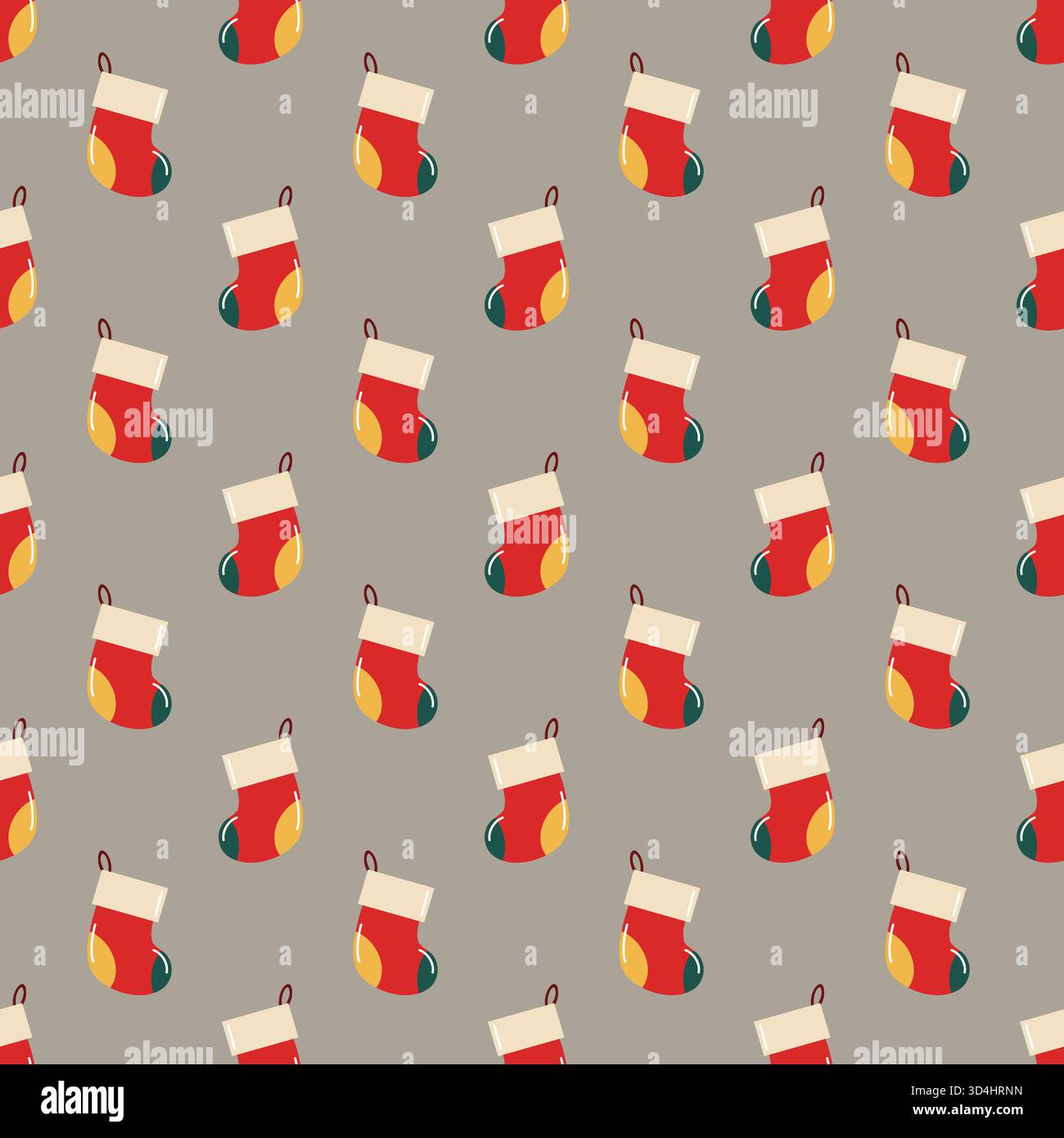 Motivo senza cuciture con calze natalizie su sfondo beige. Sfondo delle festività vettoriali. Illustrazione Vettoriale