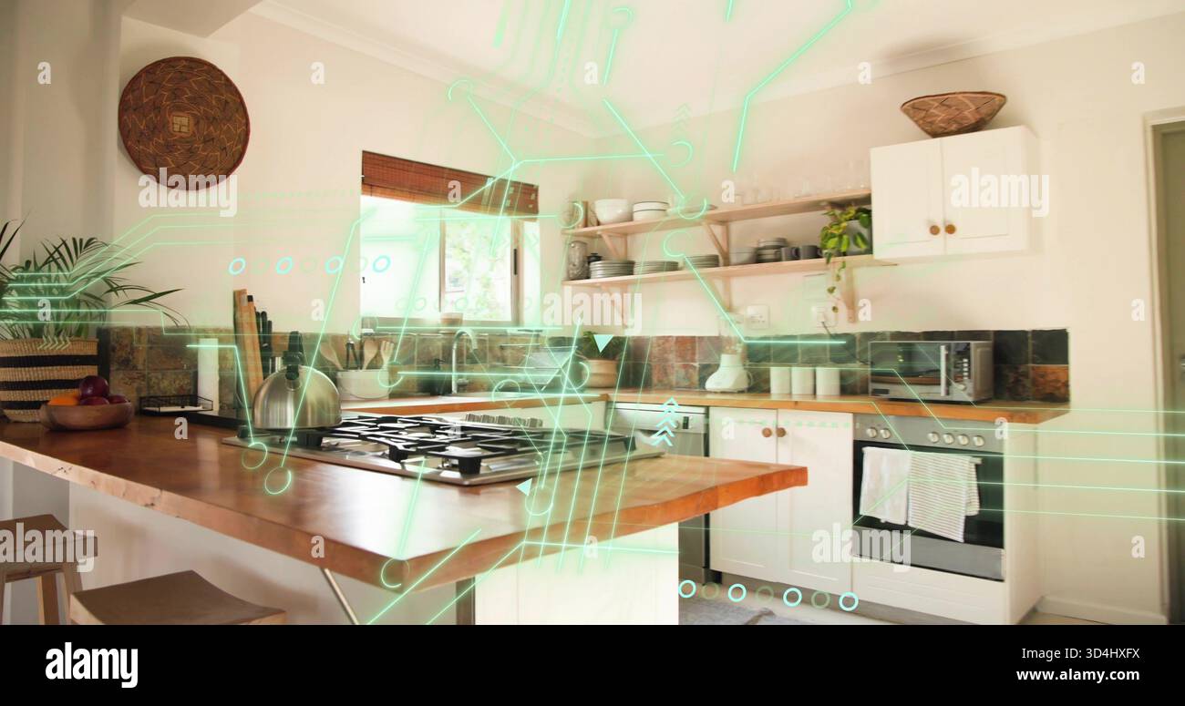 Mostra l'isola di legno con piano cottura a gas che si illumina sotto un ologramma verde neon in una cucina luminosa, bollitore Foto Stock