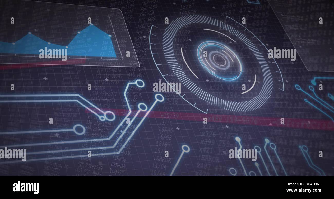 Visualizzazione di elementi HUD circolari concentrici che pulsano sul cruscotto virtuale, con grafico area blu Foto Stock