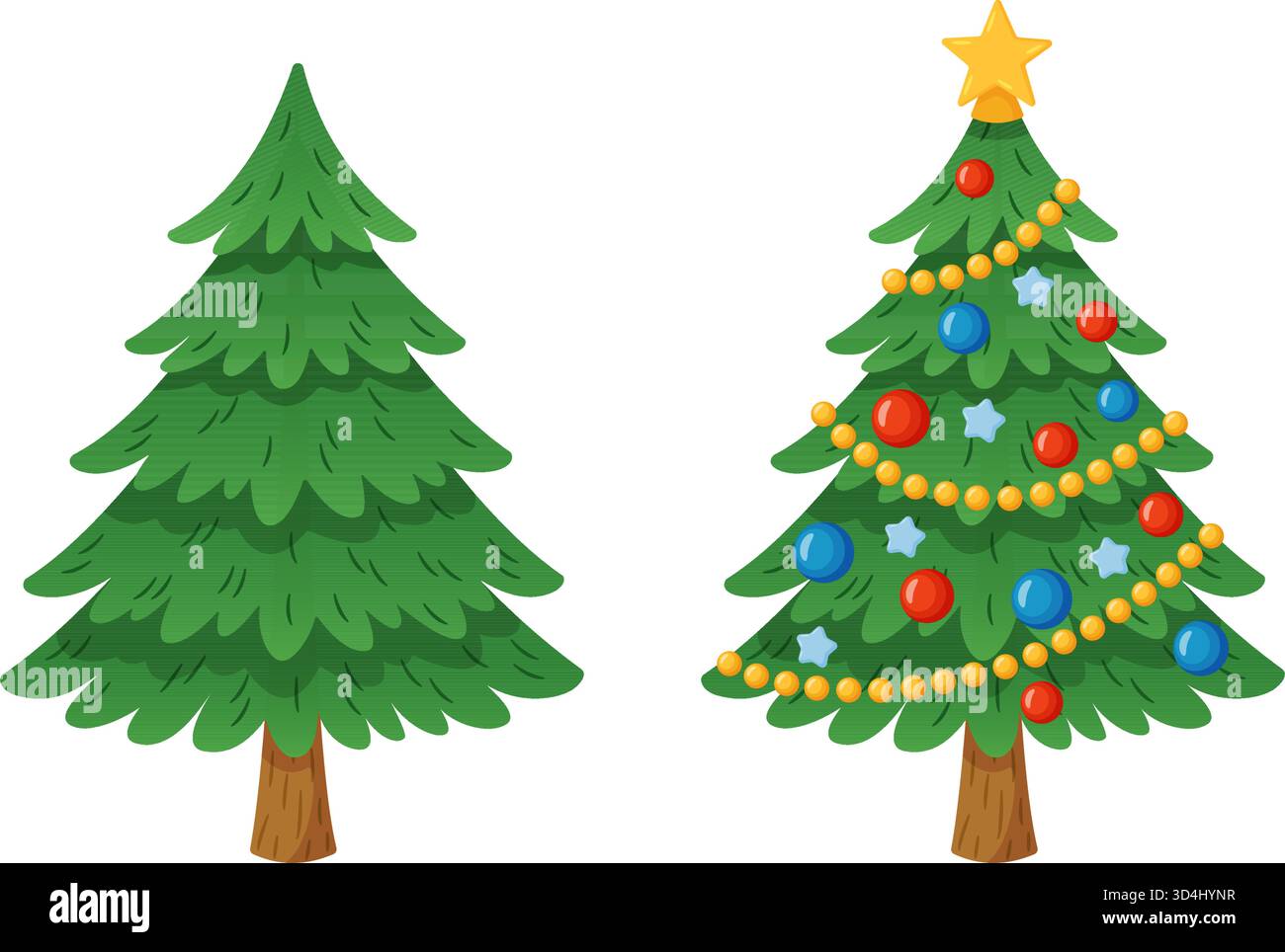 Due alberi di Natale o abeti, pianeggianti e decorati con ornamenti, ghirlande e una stella. Stile piatto alla moda disegnato a mano. Per biglietti di Natale, poster, progetti di design per le feste. Illustrazione vettoriale Illustrazione Vettoriale