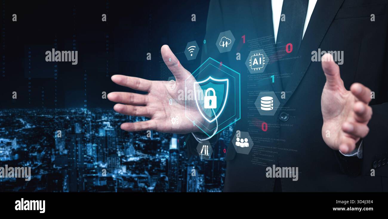 La protezione della sicurezza informatica protegge la rete, previene le minacce e rafforza la sicurezza dei dati digitali per garantire un'analisi affidabile del sistema Foto Stock