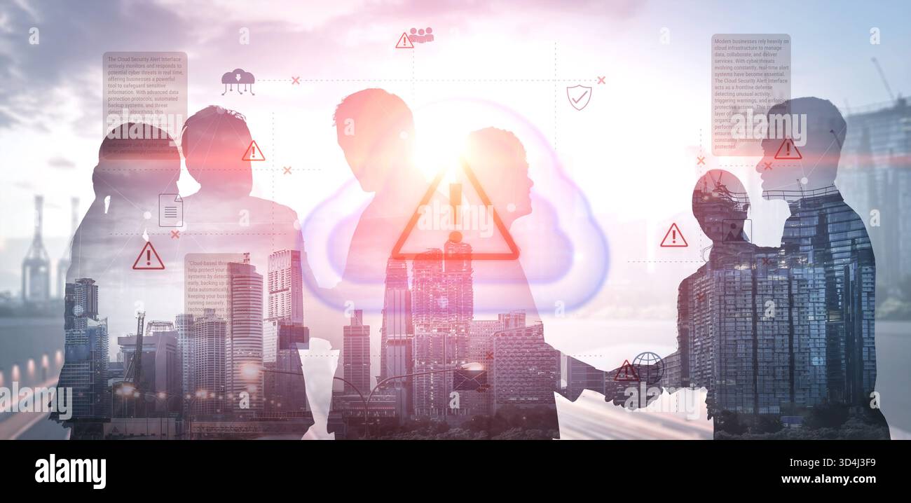 Cloud computing con icone di avviso ed elementi di sicurezza, che rappresentano il rilevamento delle minacce in tempo reale, la prevenzione dei rischi e l'infrastruttura digitale Foto Stock