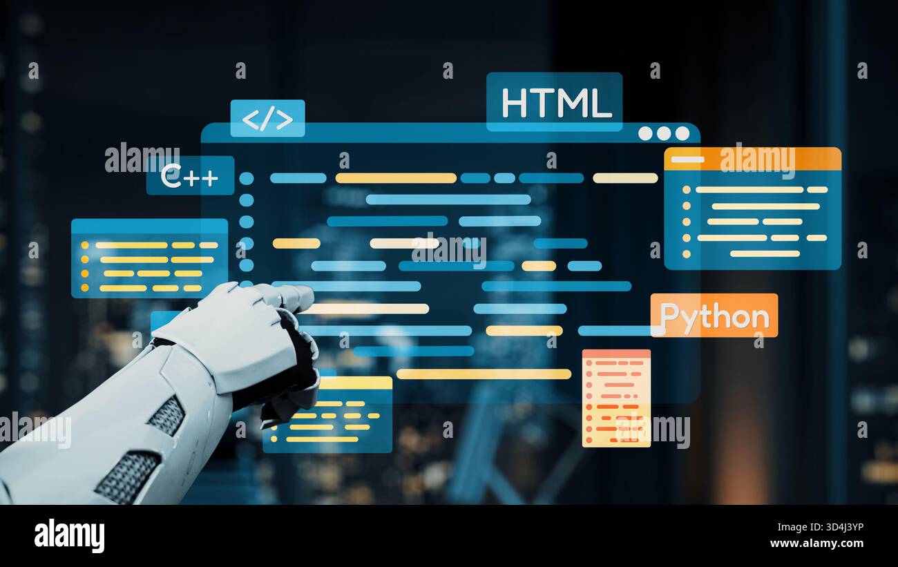 Una mano robotica punta su una vivace interfaccia di codifica digitale che visualizza vari linguaggi di programmazione, mostrando la fusione di tecnologia e. Foto Stock
