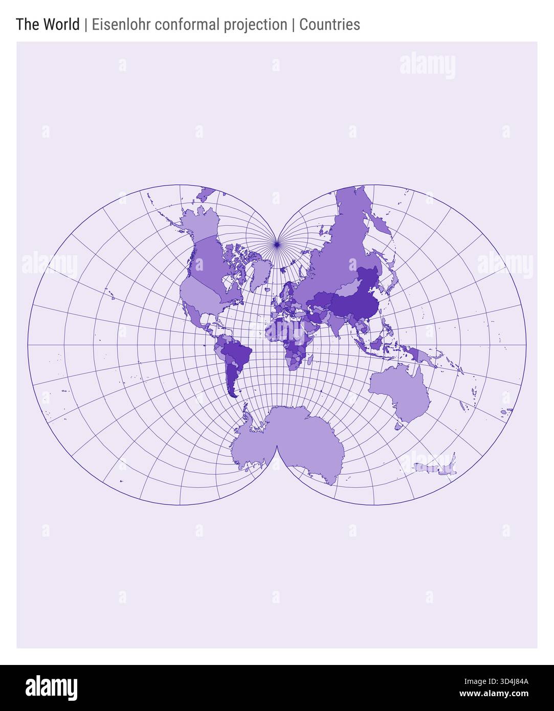 Mappa del mondo. Proiezione conforme di Eisenlohr. Stile country. Mappa mondiale dettagliata per infografiche, istruzione, report e presentazioni. Illustrazione Vettoriale