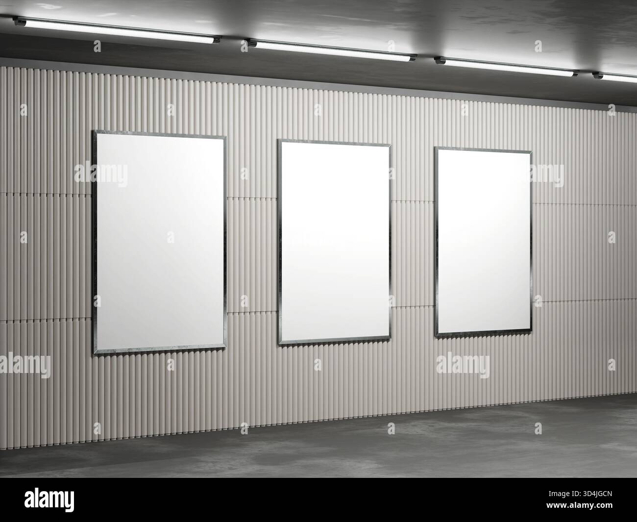 Stazione della metropolitana poster al coperto Mockup Trio su parete in cemento a coste con illuminazione fluorescente Foto Stock