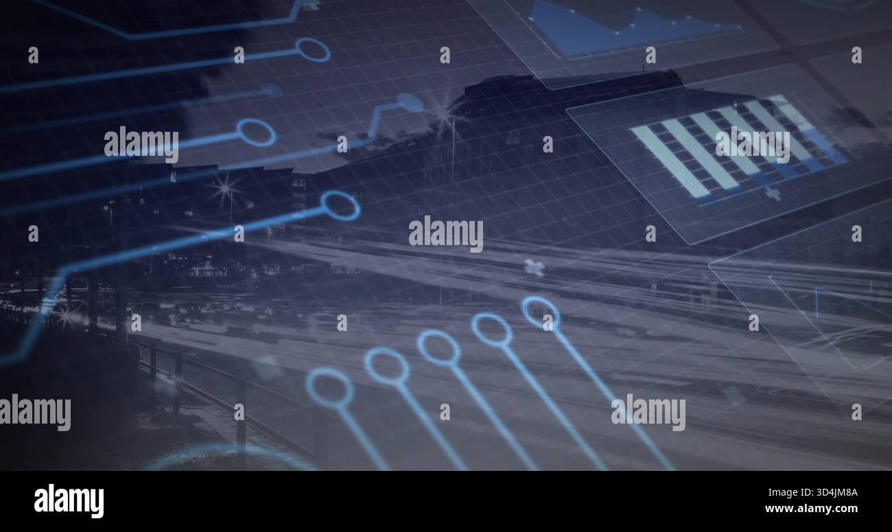 Sovrapposizione di grafici di circuiti blu-azzurri che si collegano a autostrade a più corsie con percorsi leggeri e istogramma Foto Stock