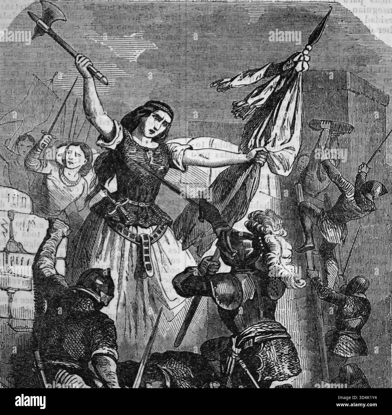 Conflitto tra Luigi XI e Carlo il Temerario. L'assedio di Beauvais (1742). Carlo il Temerario e il suo esercito borgognone attaccano Beauvais. L'eroina Jeanne Hachette che difende la violazione con coraggio. Incisione, XIX secolo. Foto Stock