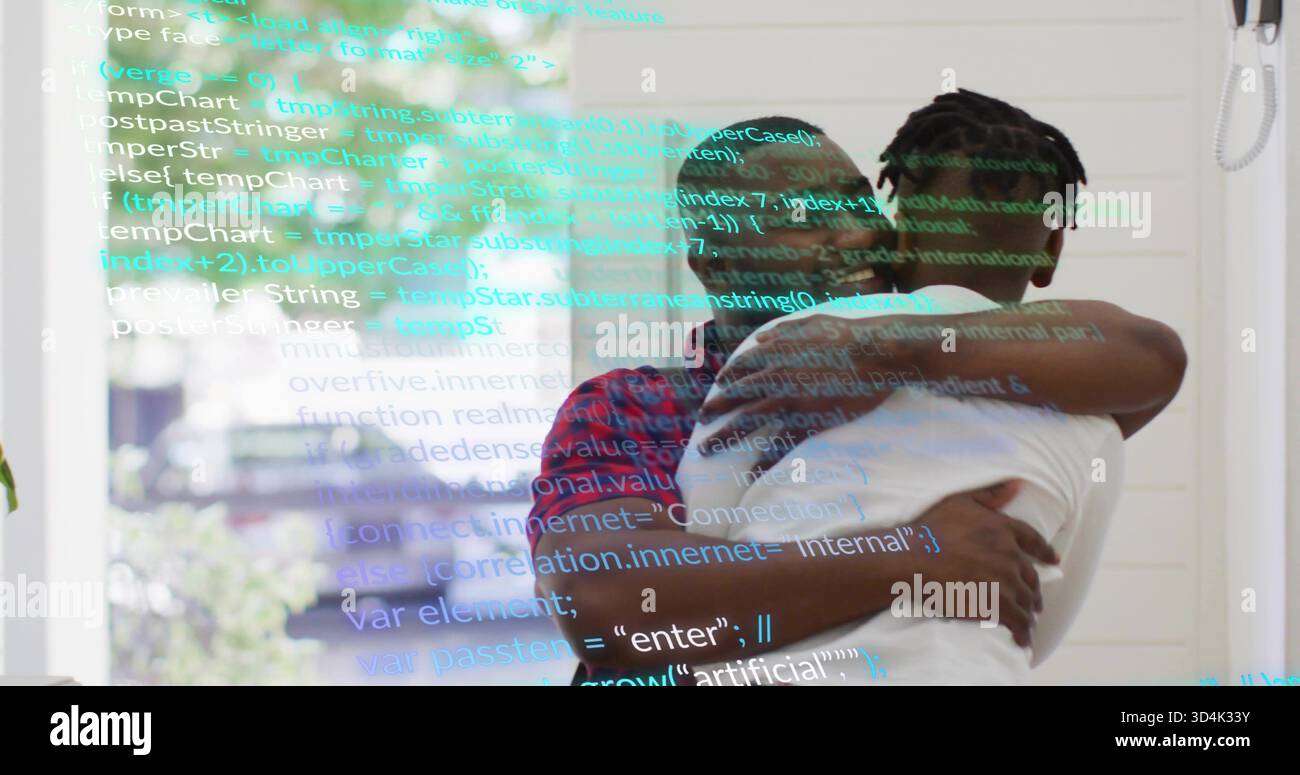 Abbracciare padre e figlio indossando T-shirt bianca e camicia a quadri rossa accanto alla porta di vetro, codice sovrapposto Foto Stock