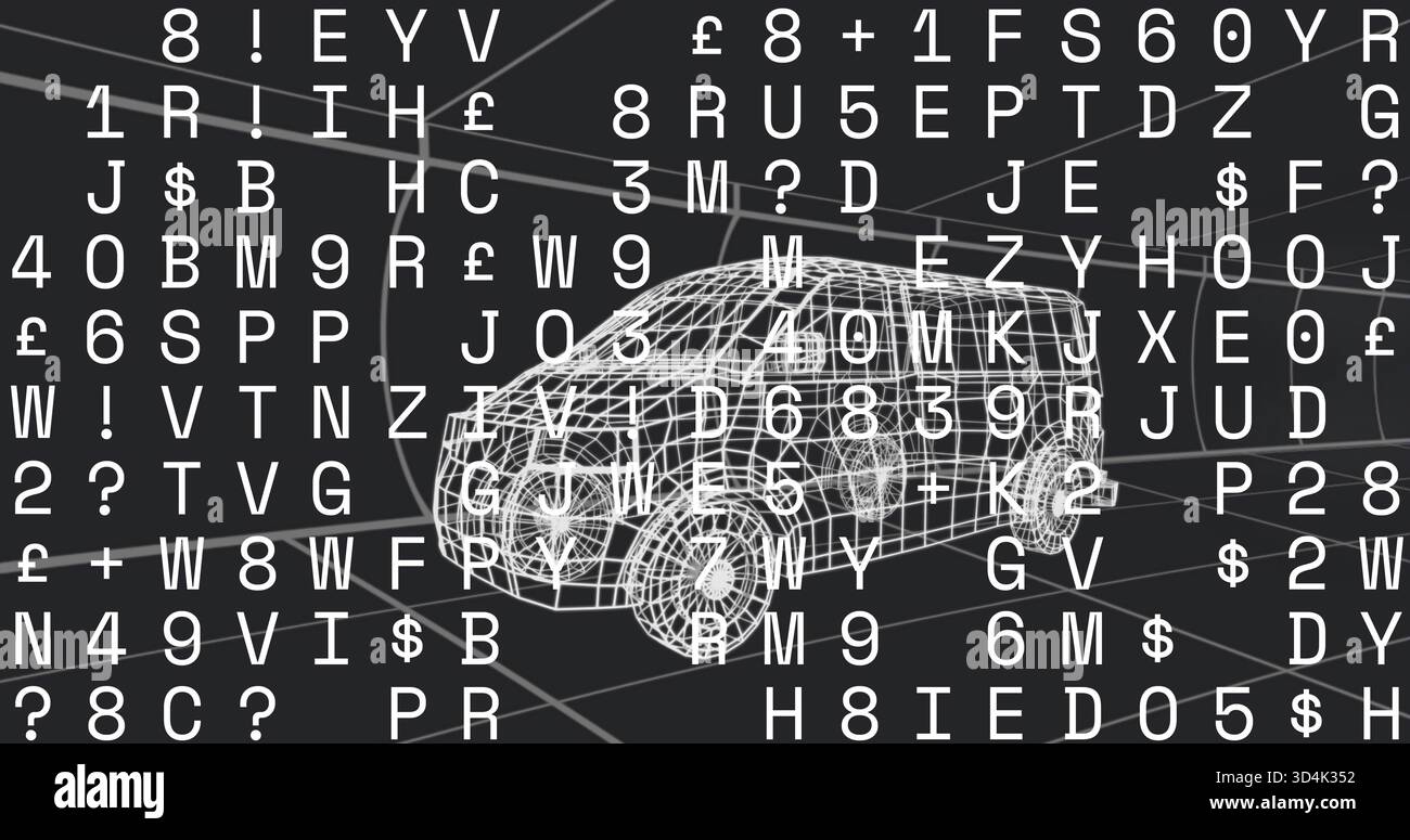Visualizzazione del modello SUV bianco a struttura a reticolo che ruota in studio virtuale, con simboli e linee della griglia Foto Stock
