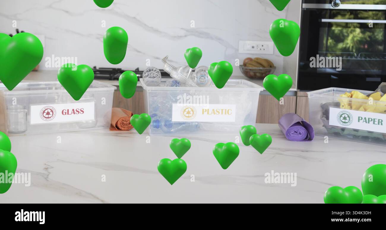 Contenitore in plastica etichettato con bottiglie e tappi sul bancone in marmo, cuori verdi fluttuanti Foto Stock