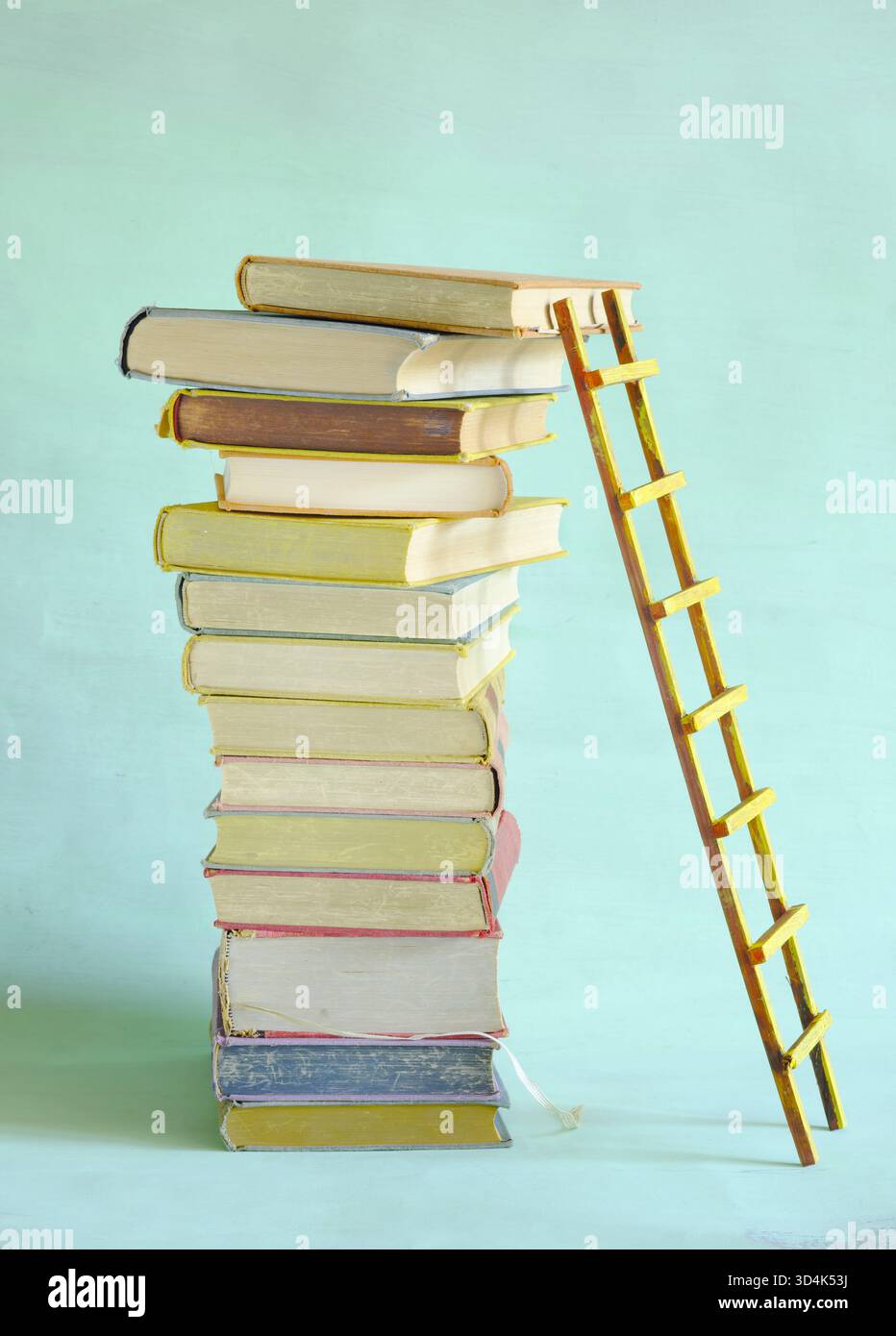 Immagine concettuale di una pila di libri con scala di successo.istruzione,apprendimento, formazione aziendale,concetto di conoscenza della liteature. Foto Stock