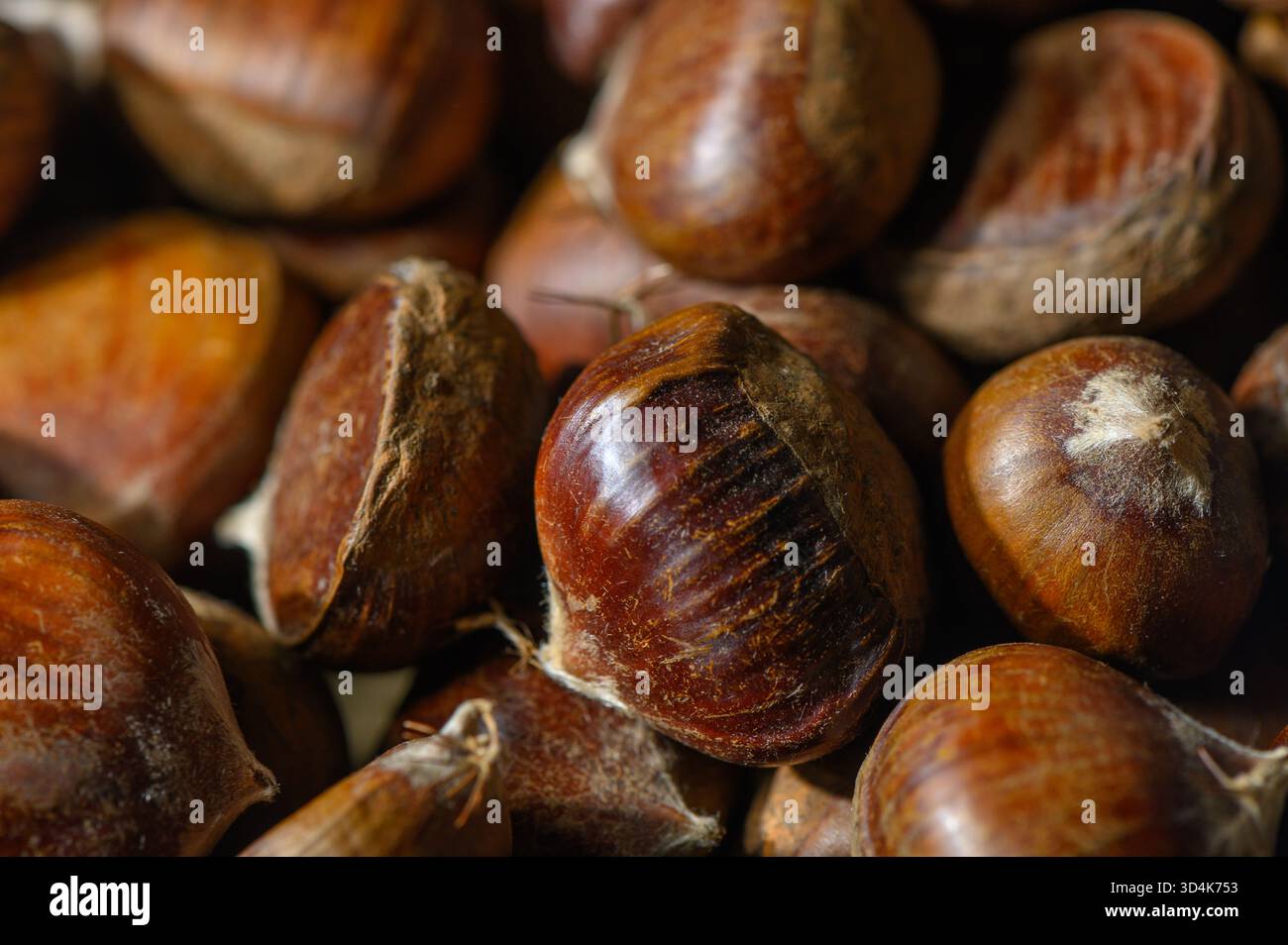 Foto in studio di un sacco di castagne con pelle sollevata su sfondo bianco. Tonalità e consistenza autentiche formano uno sfondo vivace per storie di cibo e Tbili Foto Stock