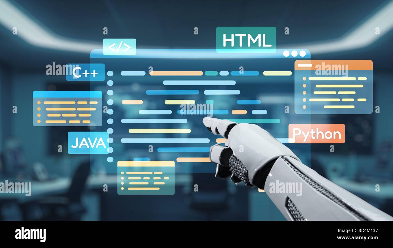 Una mano robotica interagisce con un'interfaccia linguistica di codifica vivace in un ambiente tecnologico moderno, simboleggiando il futuro della programmazione e dell'innovazione Foto Stock