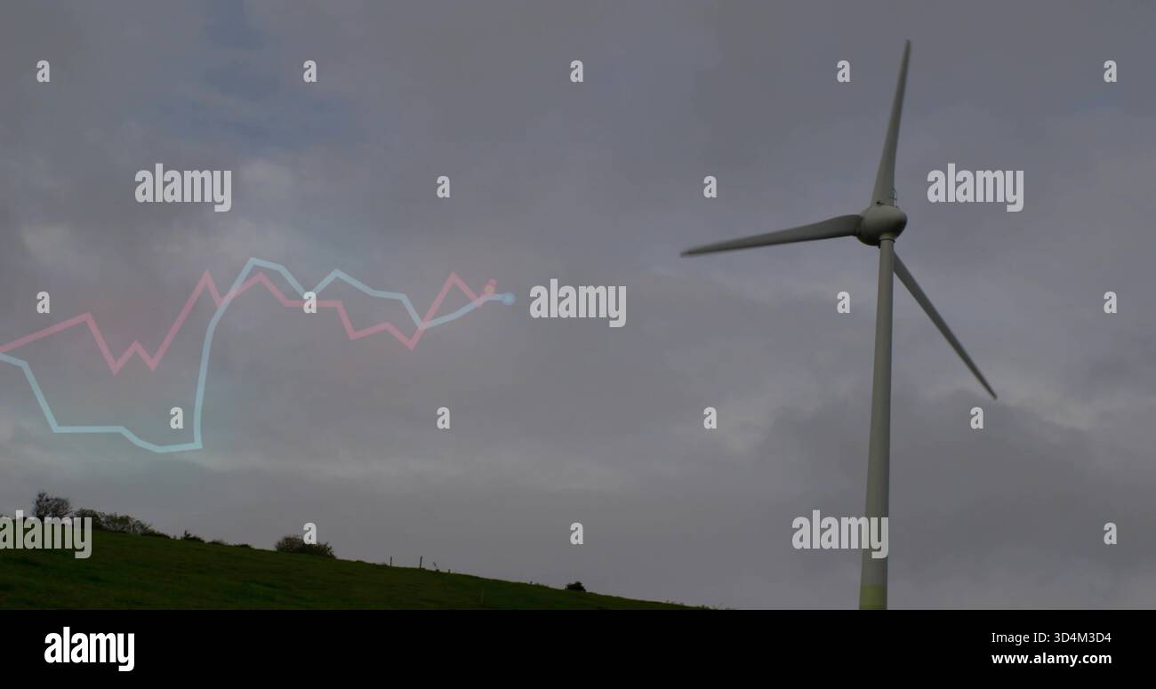 Turbina bianca che gira torreggiando a destra di una collina erbosa con pali di fencepini, sovrapposizioni rosa ciano, spazio di copia Foto Stock