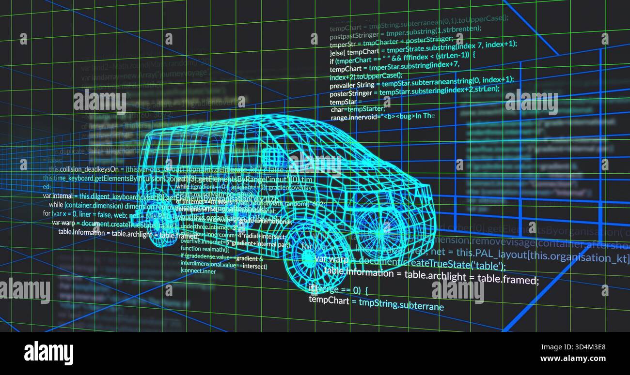 Visualizzazione del modello di furgone 3D con struttura a reticolo ciano in rotazione nell'area di lavoro di modellazione virtuale, con sovrapposizioni di codice Foto Stock